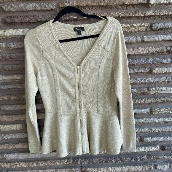 Thalia Sodi Metallic Gold Peplum V Neck Cardigan Sweater - Picture 1 of 6
